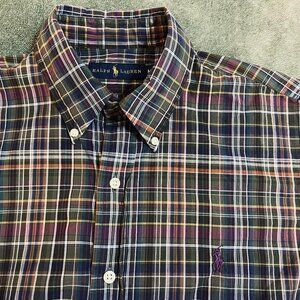 Ralph Lauren long sleeve plaid button cotton shirt purple pony M preppy